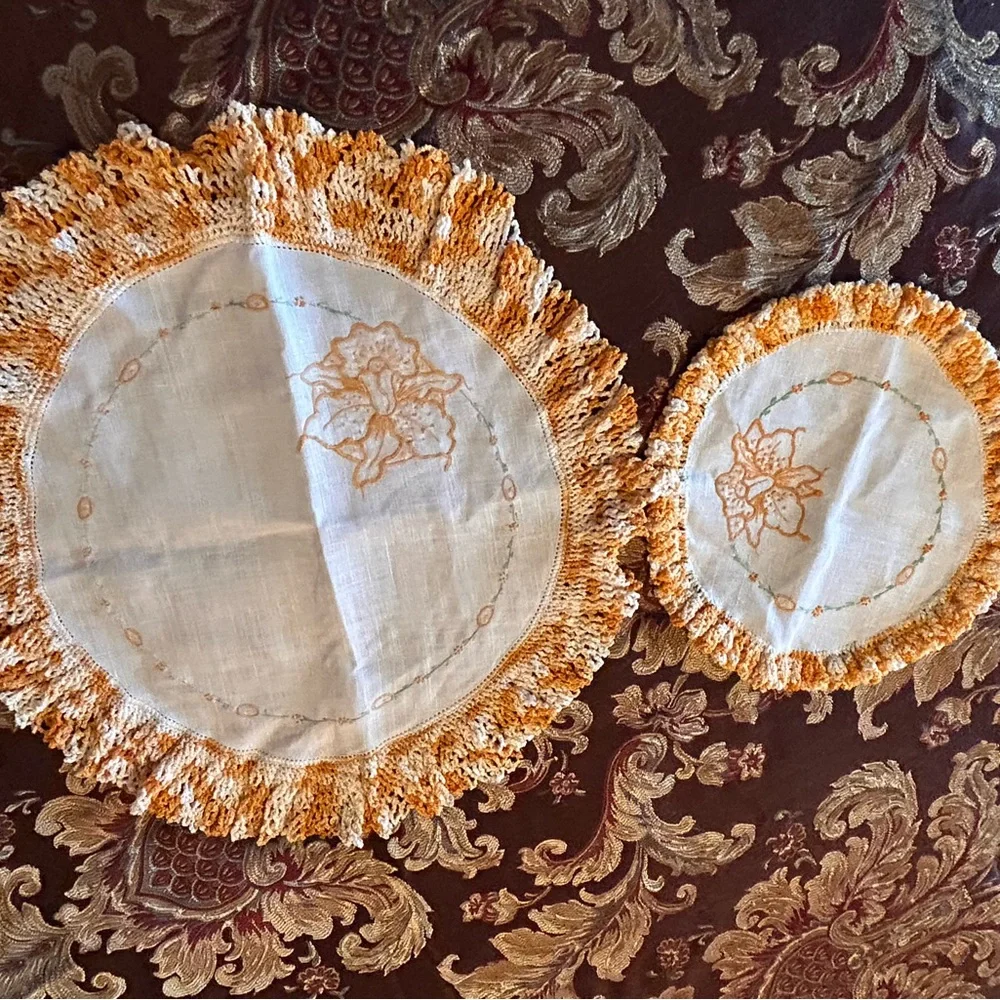 Vintage‎ Orange & White Crochet Circle Doilies 2PC Set